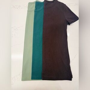GAP Factory Ribbed Short-Sleeve Crewneck Top - Sage, Teal & Dark Brown